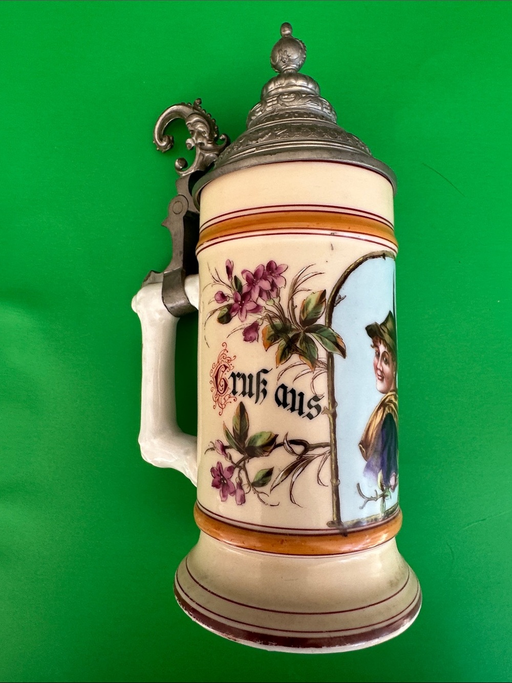 Porcelain Floral German-Style Beer Stein in Cream and peach-Antique
